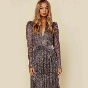 Tiered V Neck Print Long Sleeve Midi Dresses - Size M